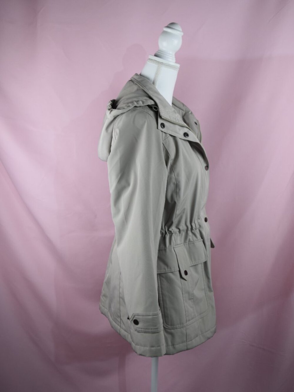 London Fog Beige/Gray Hooded Drawstring Waist Utility Jacket | Size S - Picture 6 of 8